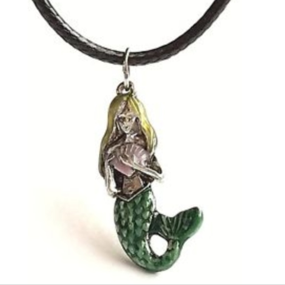 Mermaid Charm Necklace Nautical Island Beach Enamel Pendant Black Cord 18" - Picture 3 of 8